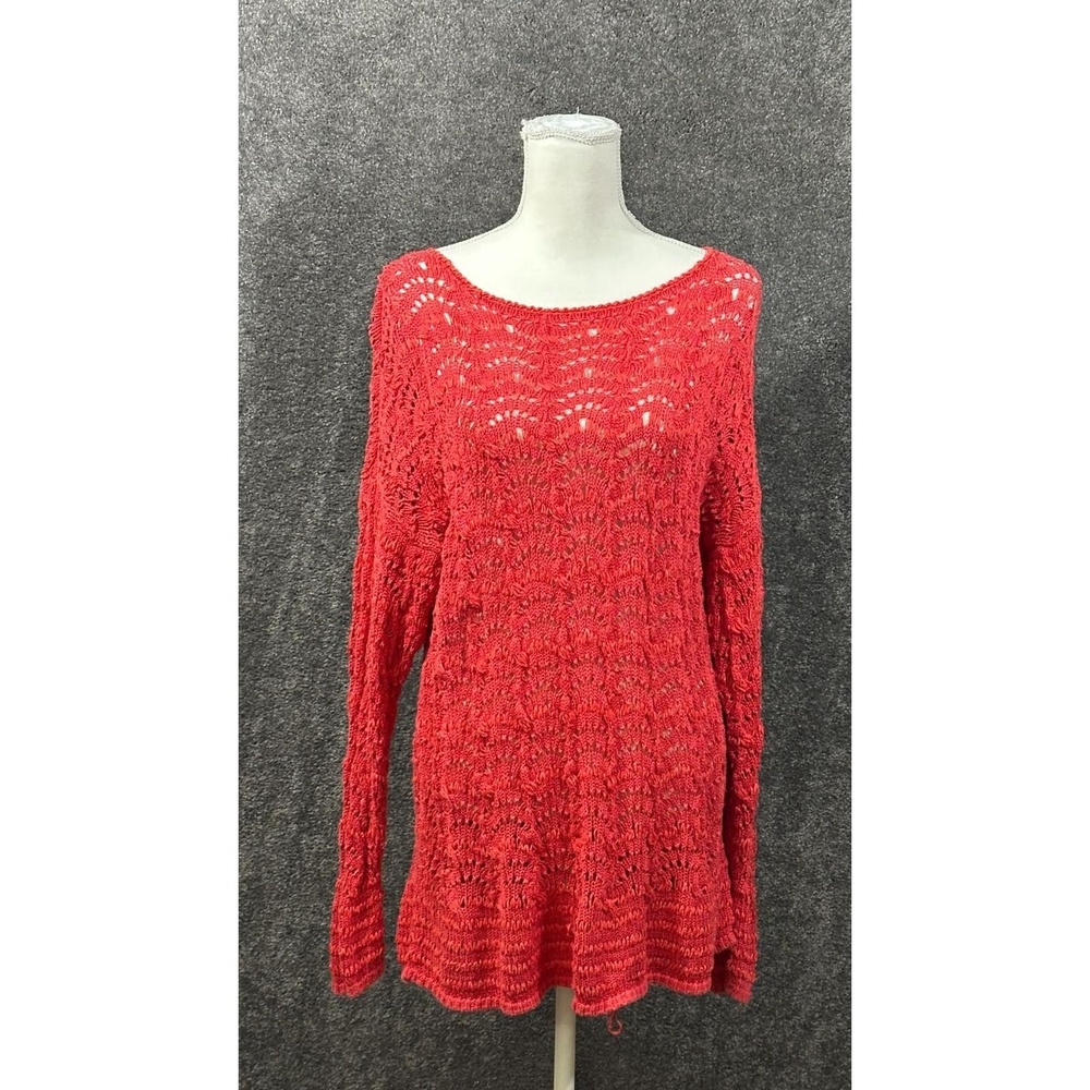 Chicos Womens Open Knit Sweater Size XL Coral crotchet Cotton